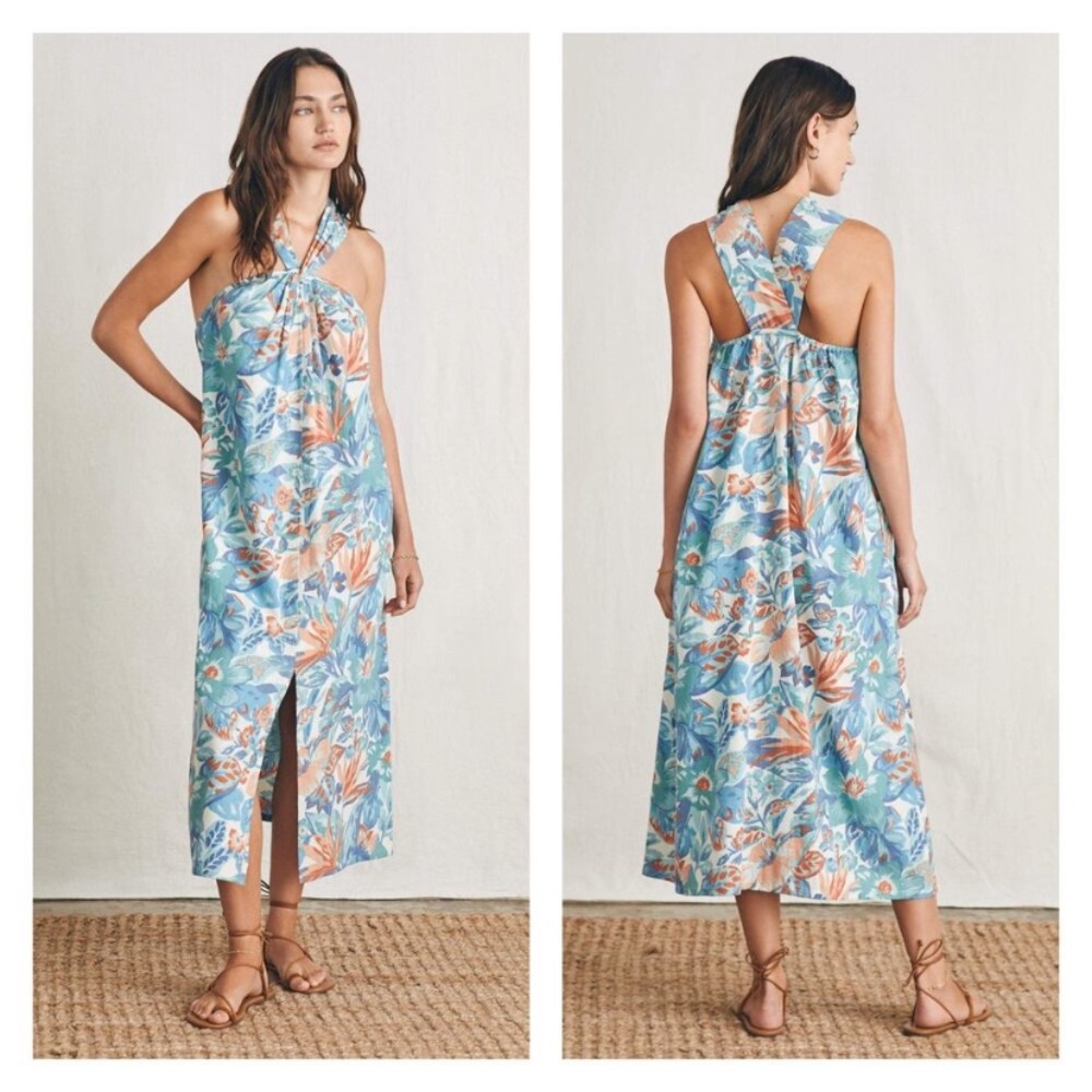 FAHERTY Bay Twist Dress Women X Small Floral Print Blue Halter Maxi Sleeveless